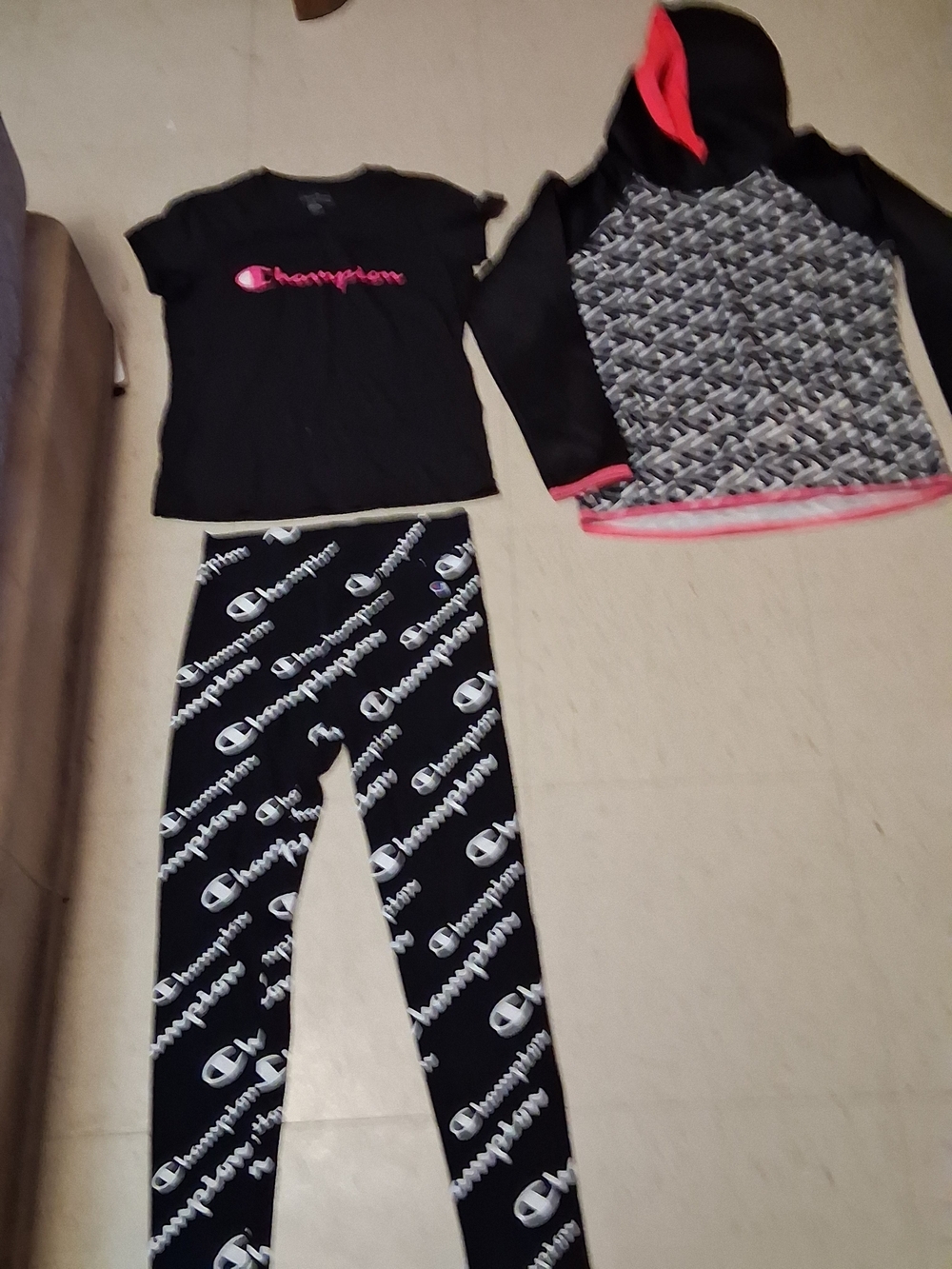 Champion Black Logo Tee & Logo Leggings Set with Hooded Pullover